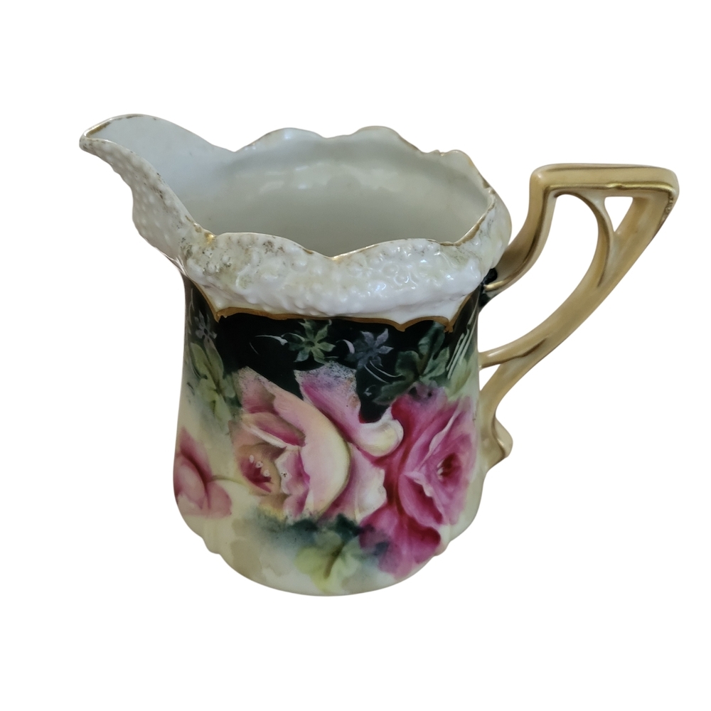 R S Germany Prussia Hand Painted Floral Creamer Gold Accents